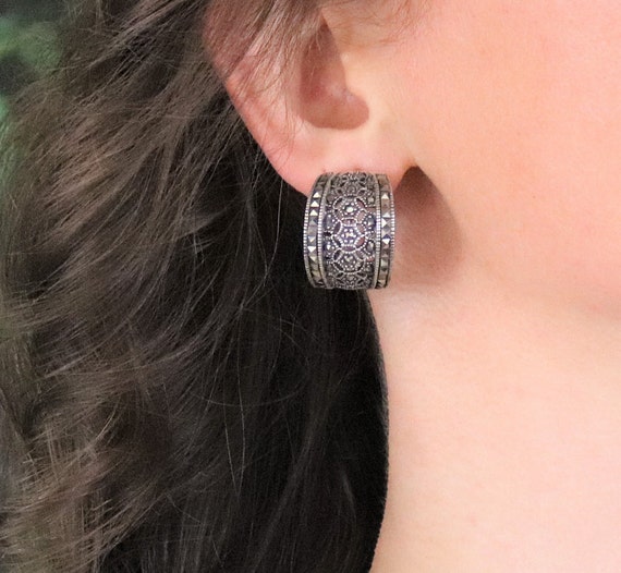 Sterling Silver Large Marcasite Earrings Hoop Ear… - image 2