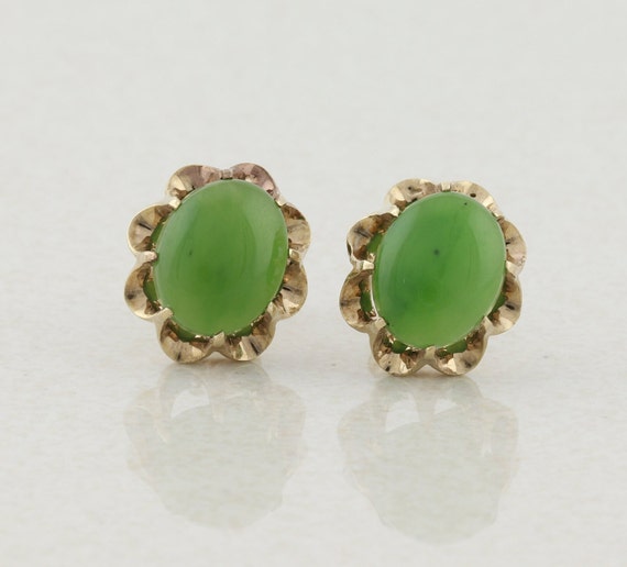 10k Yellow Gold Natural Jade Earrings Stud Post E… - image 1