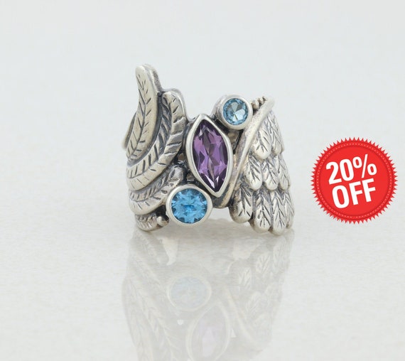 Size 8-780882749 Beautiful Vintage Multi Gemstone Pearl Amethyst Blue Topaz Pink Blue Sapphire Citrine Sterling Silver Ring