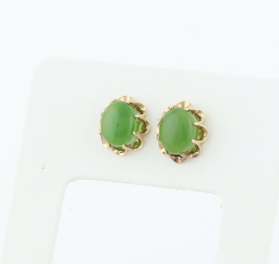 10k Yellow Gold Natural Jade Earrings Stud Post E… - image 7
