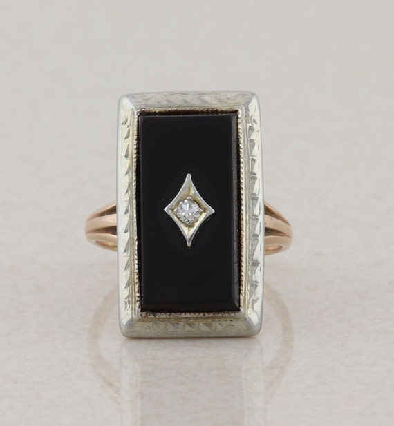 10k Yellow Gold and White Gold Onyx and Diamond R… - image 1