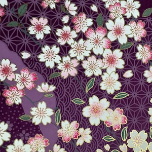 Origami paper, Chiyogami  paper, Yuzen paper, Washi paper.  Pink and White on Purple Sakura cherry blossom pattern.