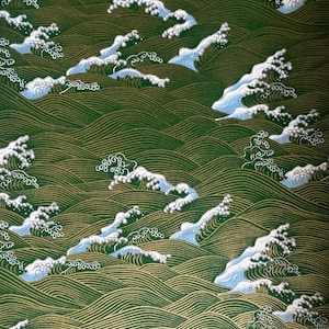 Origami paper, Chiyogami  paper, Yuzen paper, Washi paper.  Gold waves on green pattern.