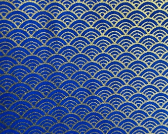 Origami paper, Chiyogami paper, Yuzen paper, Washi paper. Blue and gold Seigaiha waves pattern. Scrapbooking, bookbinding, jewelry making.