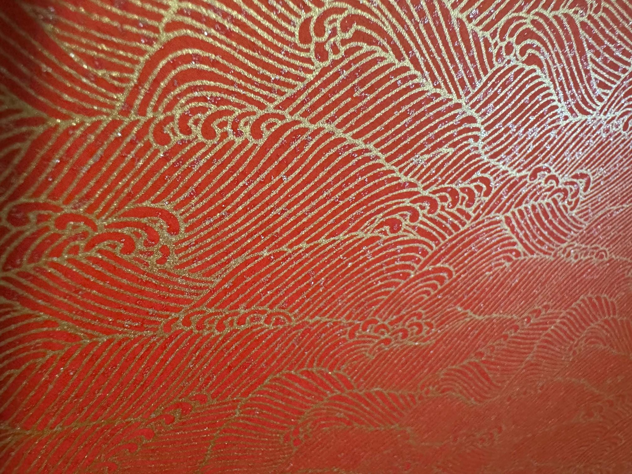 Origami paper, Chiyogami paper, Yuzen paper, Washi paper. Gold waves on red pattern. Scrapbooking, bookbinding, jewelry & card making.