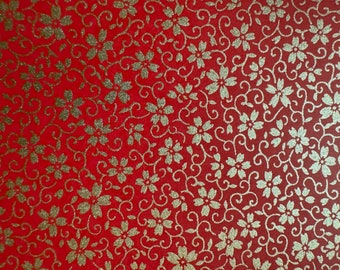 Origami paper, Chiyogami  paper, Yuzen paper, Washi paper.  Gold on Red sakura cherry blossom flowers pattern.  Scrapbooking, bookbinding.