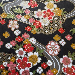 Origami paper, Chiyogami  paper, Yuzen paper, Washi paper.  Multi-colored plum blossom pattern on black with gold accents.