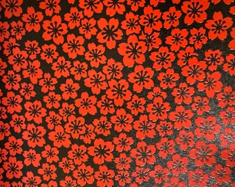 Lacquered Japanese Yuzen paper SAKURA. Perfect for origami, scrapbooking, bookbinding & jewelry making. Cherry blossom embossed red/black.