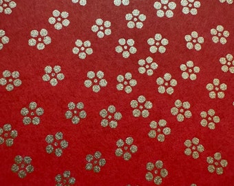 Origami paper, Chiyogami  paper, Yuzen paper, Washi paper.  Gold on Red sakura cherry blossom flowers pattern.  Scrapbooking, bookbinding.