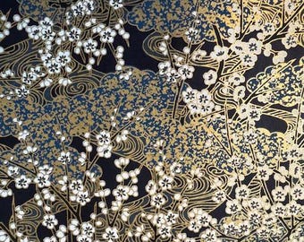 Origami paper, Chiyogami, Yuzen,  Washi paper.  White plum, gold on blue pattern. Scrapbooking, bookbinding, jewelry & card making.