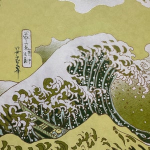 Origami paper, Chiyogami paper, Yuzen paper, Washi paper. Large waves on green pattern. Scrapbooking, bookbinding, jewelry making.