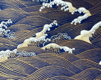 Origami paper, Chiyogami paper, Yuzen paper, Washi paper. Gold waves on blue pattern. Scrapbooking, bookbinding, jewelry making.