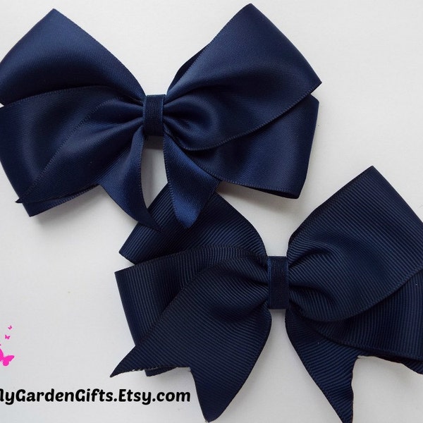 Navy blue satin or grosgrain tail down boutiqe hair bow clip