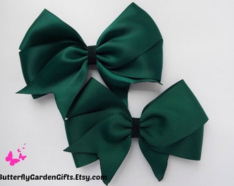 Dark green satin or grosgrain tail down boutique hair bow clip