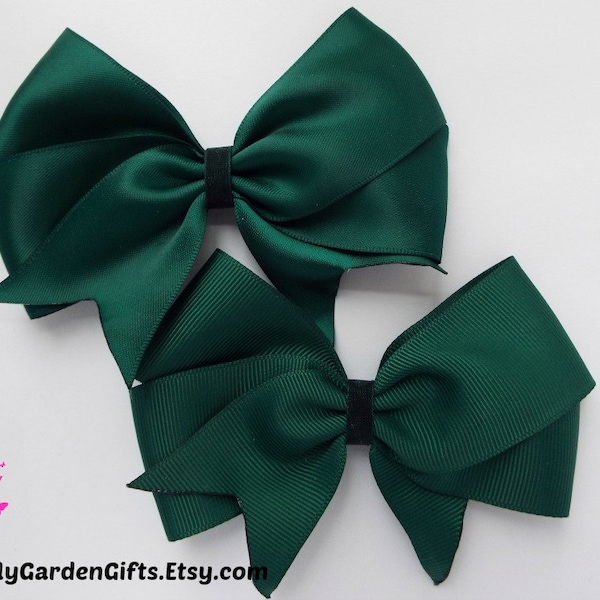 Dark green satin or grosgrain tail down boutique hair bow clip