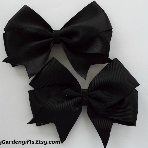 Black satin or grosgrain tail down boutique hair bow clip