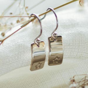Sterling Silver Rectangle Curved Drop Dangle Earrings with Star Detail