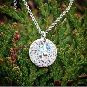 Sterling Silver Hammered Texture Disc Pendant with a Aquamarine Swarovski Crystal Detail - (birthstone necklace)