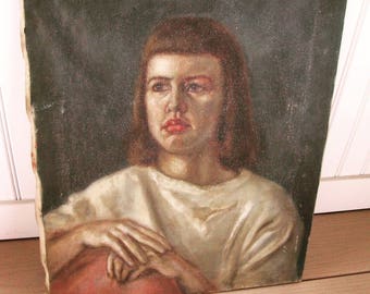Woman Portrait Mid Century Modernist Oil Painting 1950s