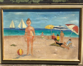 Beach Scene Painting Seaside Painting Distressed Vintage painting Mid Century Ocean Scene