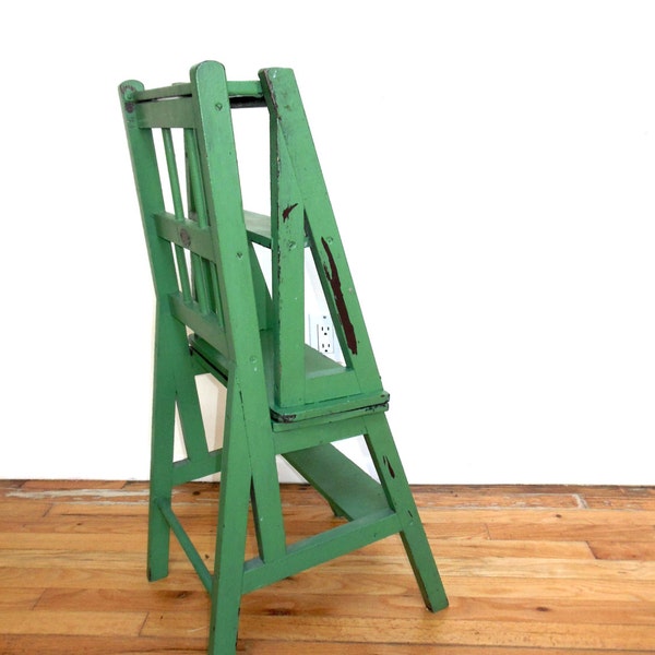 Shabby Step Stool Chair Green Farmhouse Library Ladder