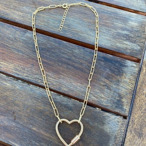 Gold Paper clip necklace with heart carabiner large charm