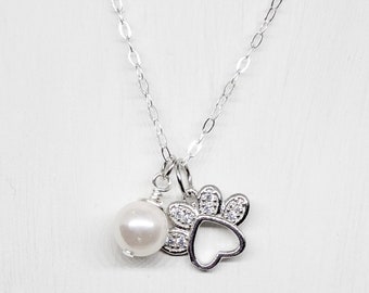 Paws and Pearls silver necklace, Dog mom, cat mom, love my pet, keepsake, paw and pearl charms