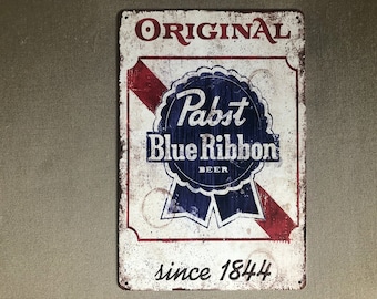 RETRO VINTAGE LOOK: Pabst Blue Ribbon Beer Metal Sign Weathered Look Sign - Man Cave