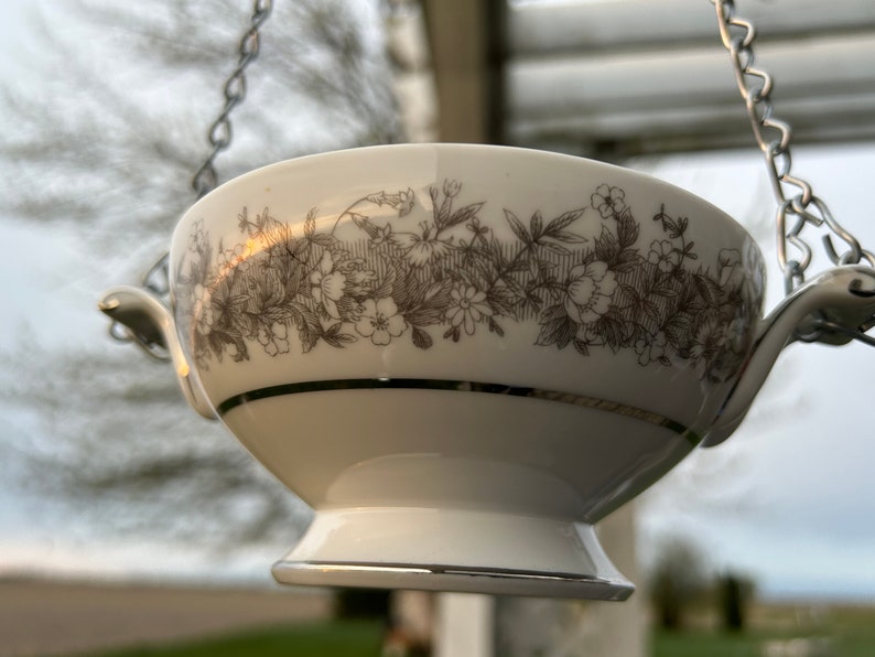 Vintage china sugar bowl bird feeder San go Florentine silver gray white image 5