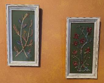 Vintage set framed 3D oriental trees plants art  gold metallic colorful 9x15 ornate deep frames scalloped