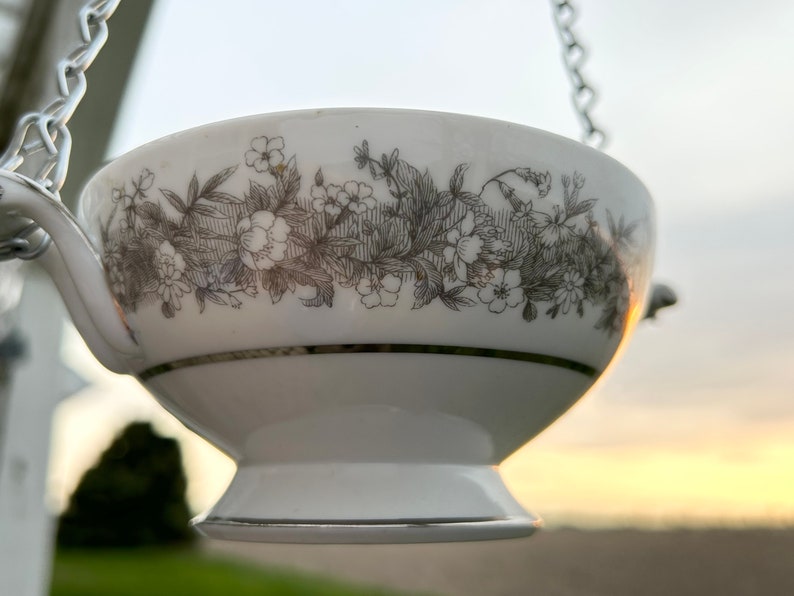 Vintage china sugar bowl bird feeder San go Florentine silver gray white image 2