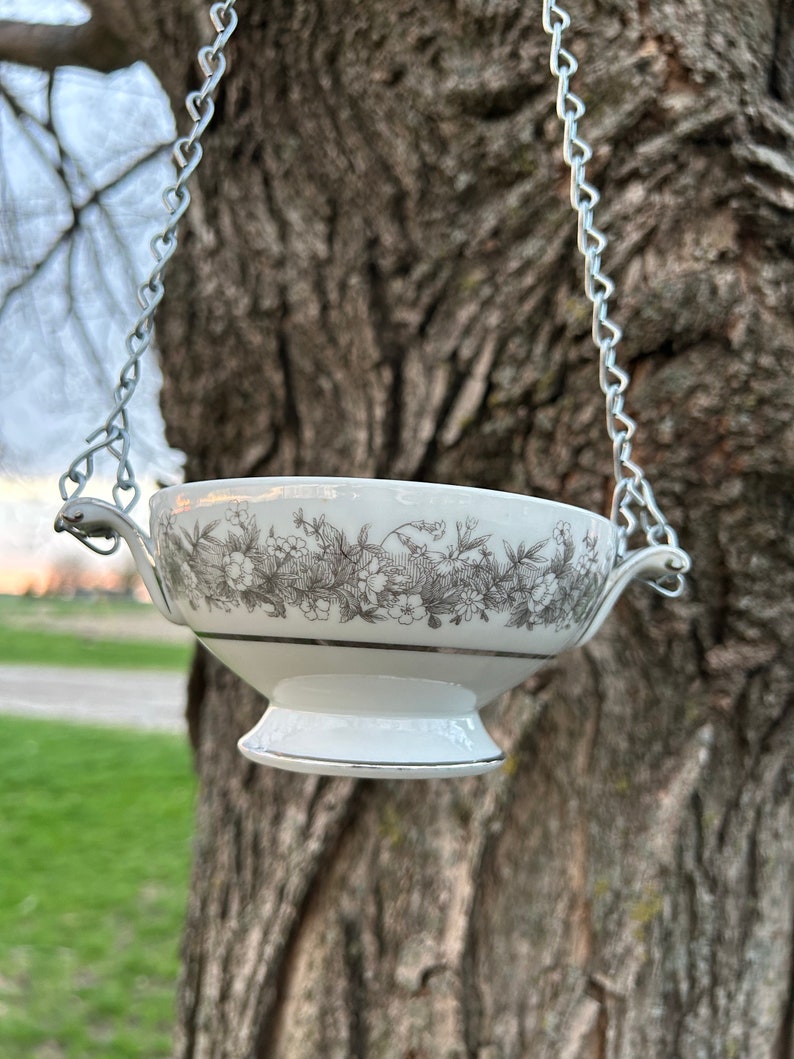 Vintage china sugar bowl bird feeder San go Florentine silver gray white image 6