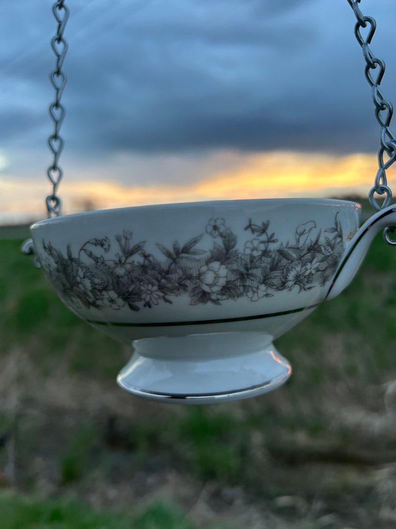 Vintage china sugar bowl bird feeder San go Florentine silver gray white image 3