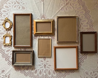 Gallery wall mixed set gold silver bronze tone frames with wood grain frames