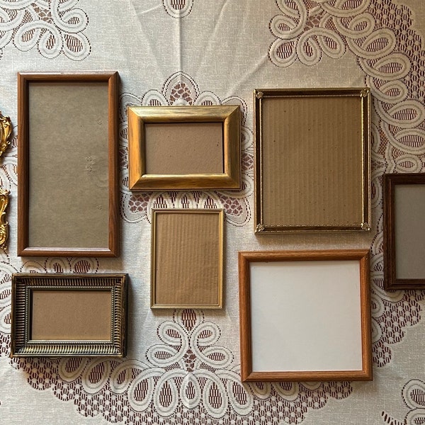 Gallery wall mixed set gold silver bronze tone frames with wood grain frames