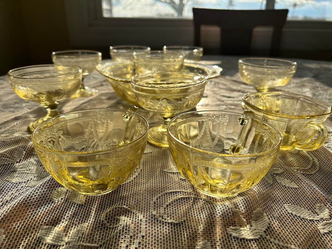 Yellow Depression Glass Sandwich Glass Dishes Bowl Cups Dessert Dishes
