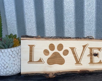 LOVE Paw Print Wall Decor Live Edge Bark Sign