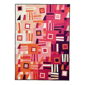 Może przedstawiać: Kolorowa kołdra z geometrycznym wzorem w odcieniach różowego, pomarańczowego i fioletowego. Kołdra składa się z kwadratów, prostokątów i trójkątów, a wzór jest abstrakcyjny i nowoczesny.