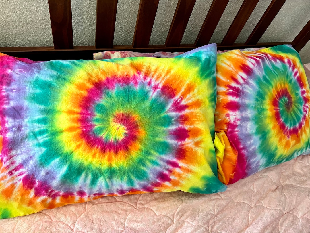 Pair of Queensized Tiedyed Pillow Cases With Rainbow Swirl Etsy