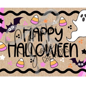 May include: A Halloween-themed design with the words "Happy Halloween" in black script. The design includes a white ghost, bats, candy corn, stars, and a rainbow. The background is a tan color with a black wavy border.