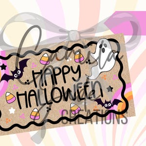 May include: A Halloween-themed sign with the words "Happy Halloween" in black, surrounded by bats, candy corn, stars, and a ghost. The sign has a brown background with a black border and is decorated with orange, pink, and purple accents.