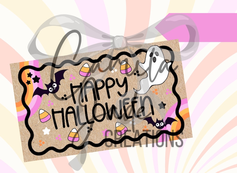 May include: A Halloween-themed sign with the words "Happy Halloween" in black, surrounded by bats, candy corn, stars, and a ghost. The sign has a brown background with a black border and is decorated with orange, pink, and purple accents.