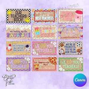 May include: A collection of colorful teacher appreciation cards with various designs and messages. The cards feature phrases like "Our Teachers Rock!", "We Love You a Latte!", and "We Appreciate You!" with decorative elements.