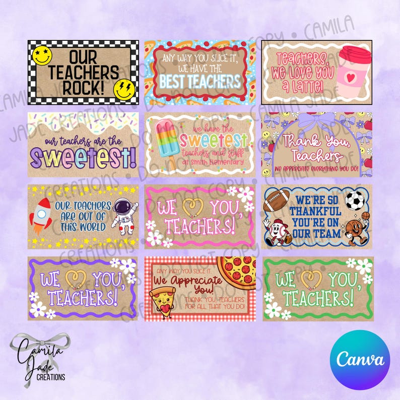 May include: A collection of colorful teacher appreciation cards with various designs and messages. The cards feature phrases like "Our Teachers Rock!", "We Love You a Latte!", and "We Appreciate You!" with decorative elements.