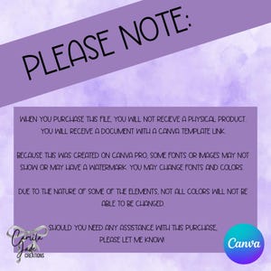 May include: A digital product notice with the text "PLEASE NOTE:" in black on a purple diagonal banner. The notice explains the product is a Canva template link, not a physical item, and may have watermarks. Includes a Canva logo.