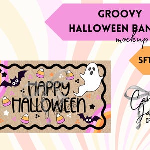 May include: A Halloween banner mockup with a groovy design. The banner features a brown background with a black wavy border. It includes a white ghost, bats, candy corn, and the text "HAPPY HALLOWEEN". The banner size is 5ft x 3ft.