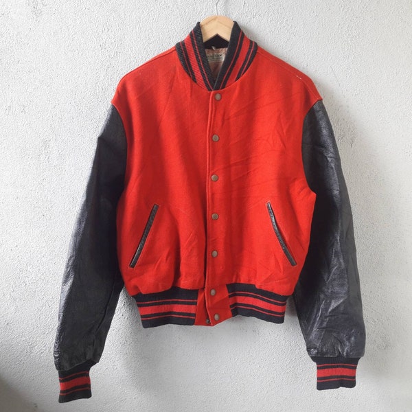 RARE HAJEK Sporting Goods Co Vintage Motorsport Car Race VArsity Jacket Leather Sleeve 70s-80s Scovill Button Red Black