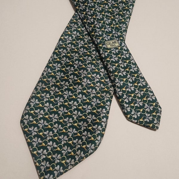 CELINE Vintage Men's Silk Print Necktie 3.4" Green Floral Made in Spain