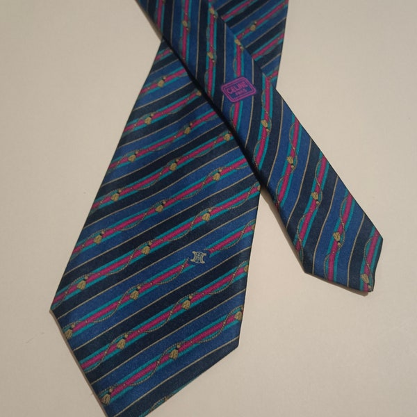 CELINE Vintage Men's Silk Print Necktie 3.3" Stripes Made in Italy