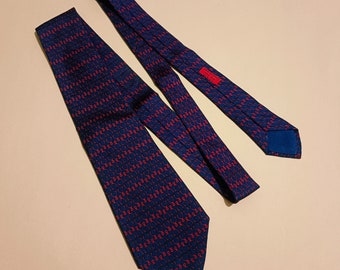 HERMES PARIS 733 FA Vintage Designer Silk Print Men's Necktie Classic Width 3.3" Blue Red Made in France